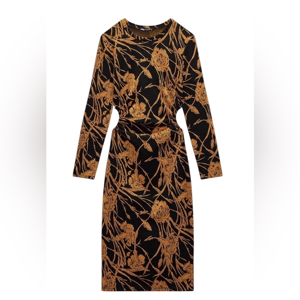 ZARA Black/Orange Midi Cut Out Jacquard Long Sleeve Dress Size L